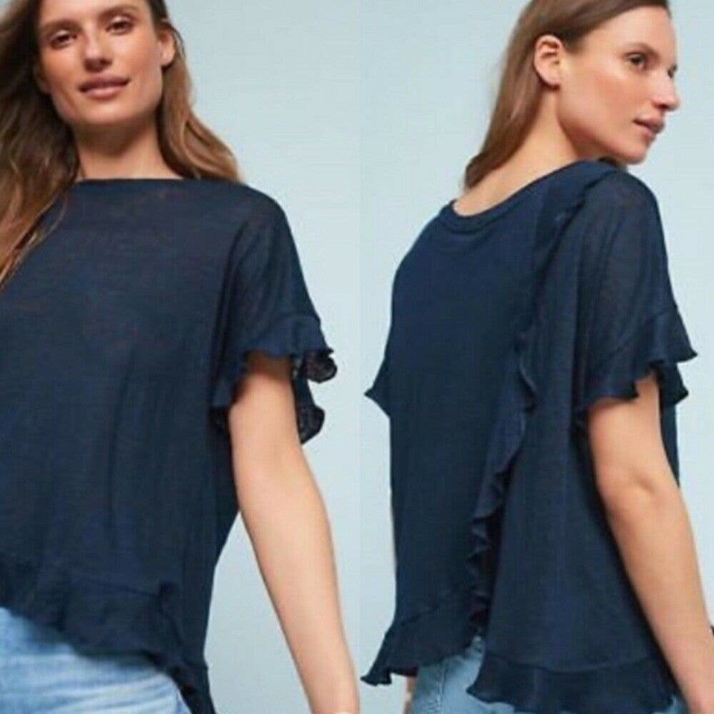 ERI + ALI Short Sleeve Ruffle Blouse Navy Blue